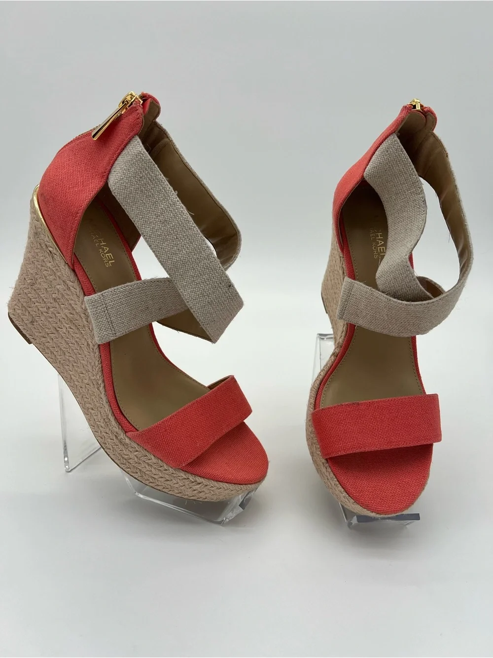 Michael Kors Coral and Natural Canvas Espadrille Wedge Sandals size 7.5